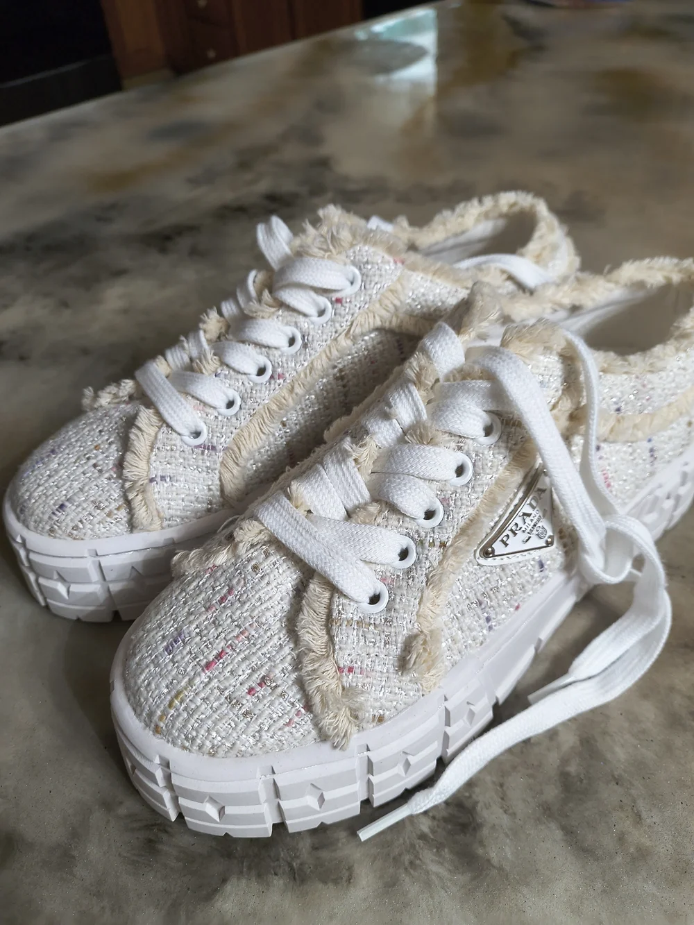 Textured Cream Platform Sneakers with Frayed Trim With Platform Sole